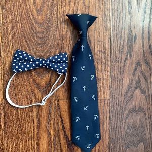 YOUTH BOYS NAVY CLIP-ON TIE W/ ANCHORS AND ADJUSTABLE BOW-TIE W/ DOTS SIZE 3-8yr